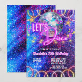 レトロディスコボール ブライトピンク ネオン グロー 誕生日 招待状 (正面/裏面)