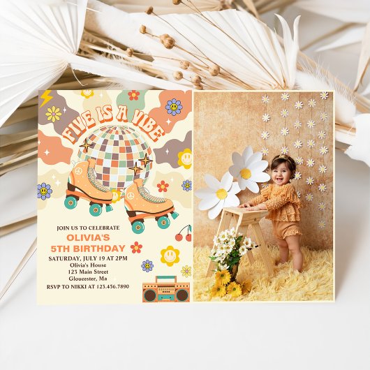 レトロディスコローラスケート第5誕生日写真 招待状
