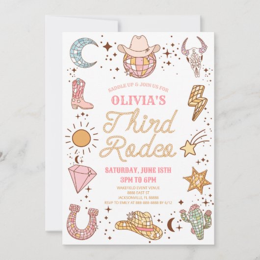 レトロディスコ女性のカーボーイサードロデオ3誕生日パーティー 招待状 (正面)