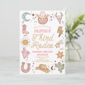 レトロディスコ女性のカーボーイサードロデオ3誕生日パーティー 招待状 (スタンド正面)