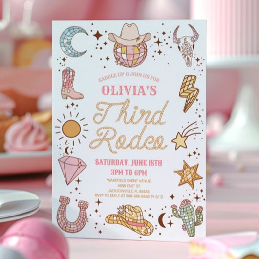レトロディスコ女性のカーボーイサードロデオ3誕生日パーティー 招待状