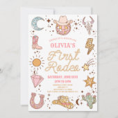 レトロディスコ女性のカーボーイファーストロデオ1歳パーティー 招待状 (正面)