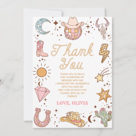 レトロディスコ女性のカーボーイロデオバースデーパーティー サンキューカード (正面)