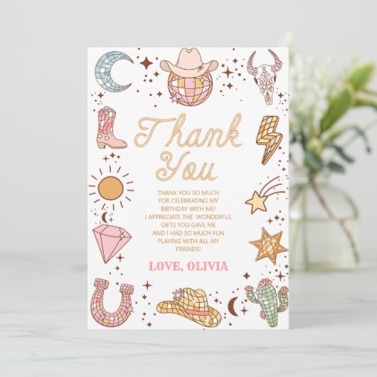 レトロディスコ女性のカーボーイロデオバースデーパーティー サンキューカード (スタンド正面)