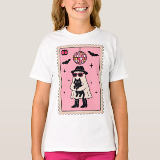 レトロディスコ幽霊とブラックキャットハロウィーンスタンプ Tシャツ