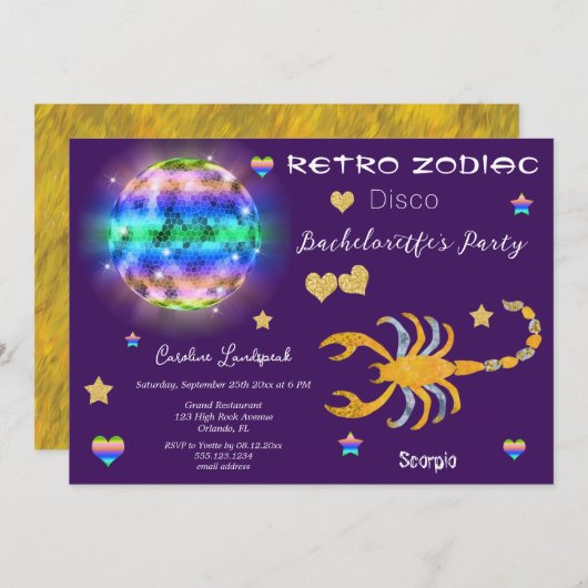 レトロディスコ蠍座〔占星術の〕十二宮図標識バチェロレッテ 招待状 (正面/裏面)