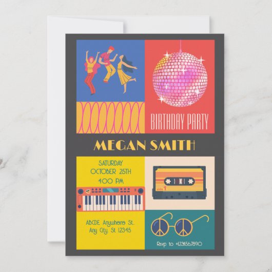 レトロディスコ音楽パーティー誕生日 招待状 (正面)