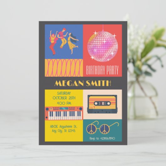 レトロディスコ音楽パーティー誕生日 招待状 (スタンド正面)