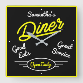 レトロディナー50イエローネオン効果任意の名前 スクエア壁時計