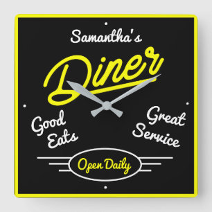 レトロディナー50イエローネオン効果任意の名前 スクエア壁時計