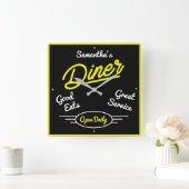 レトロディナー50イエローネオン効果任意の名前 スクエア壁時計 (ホーム)