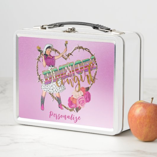 レトロディメストア女性のカーボーイウェスタンパーソナライズド メタルランチボックス (インサイチュ)