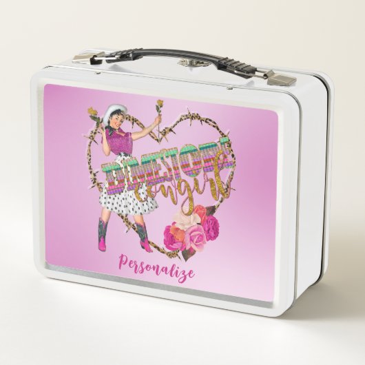 レトロディメストア女性のカーボーイウェスタンパーソナライズド メタルランチボックス (裏面)