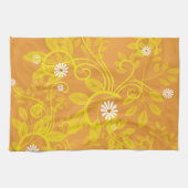 レトロデイジーと黄色のフィリグリーオーバーオレンジ キッチンタオル (横)