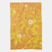 レトロデイジーと黄色のフィリグリーオーバーオレンジ キッチンタオル (縦)