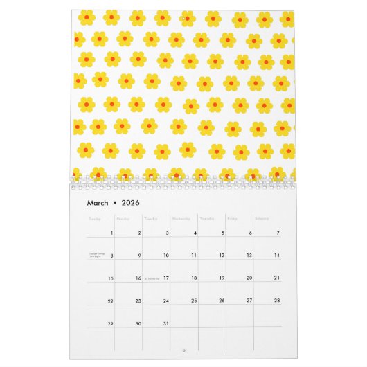 レトロデイジーイエローフローラ植物模様 カレンダー (3月 2026)
