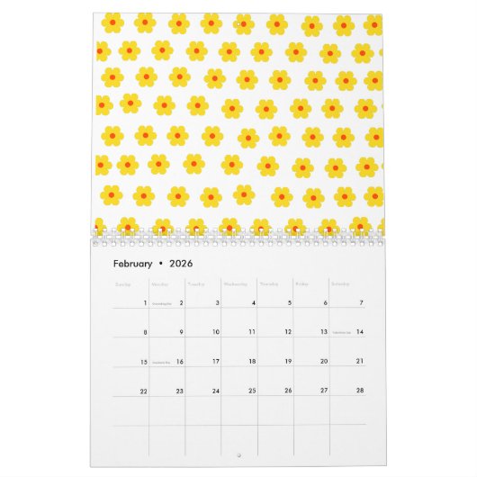 レトロデイジーイエローフローラ植物模様 カレンダー (2月 2026)