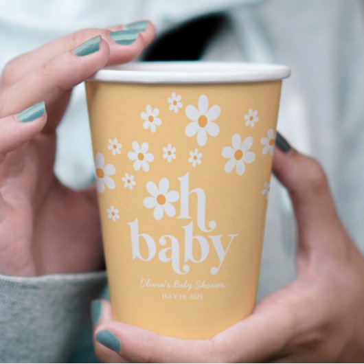 レトロデイジーイエローOhベビーベビーシャワー紙カップ 紙コップ