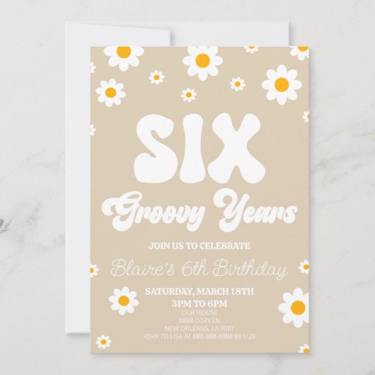 レトロデイジーシックスグルーヴィー年6th誕生日パーティー 招待状 (正面)