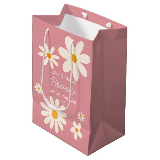 レトロデイジーデザートピンクブライダルシャワーの恵カスタムみ ミディアムペーパーバッグ (正面アングル)