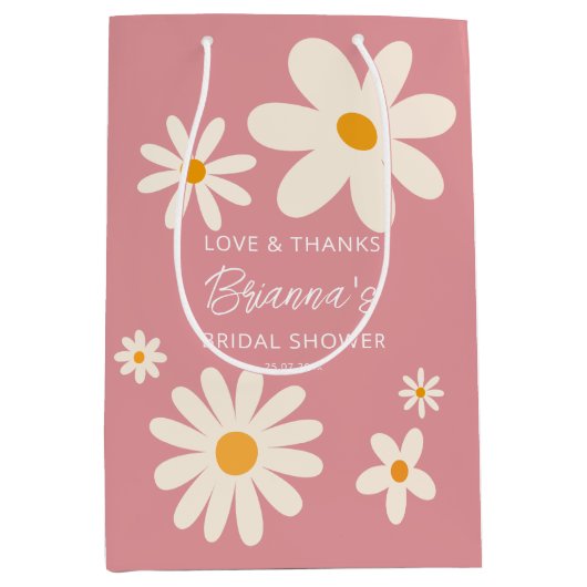 レトロデイジーデザートピンクブライダルシャワーの恵カスタムみ ミディアムペーパーバッグ (正面)