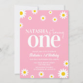 レトロデイジーピンクと白ミニマルの誕生日 招待状 (正面)