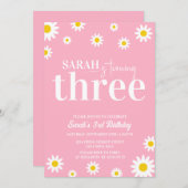 レトロデイジーピンクと白ミニマルの誕生日 招待状 (正面/裏面)