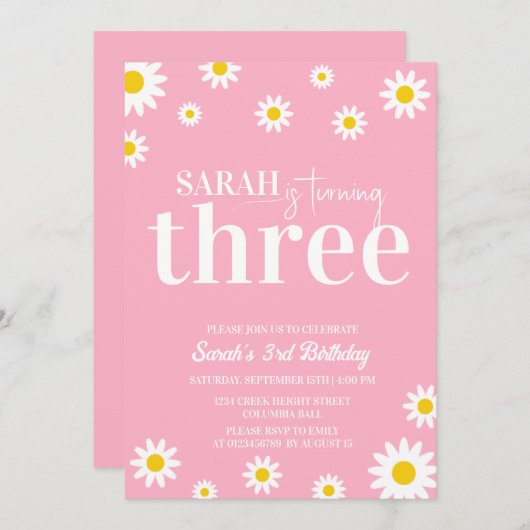 レトロデイジーピンクと白ミニマルの誕生日 招待状 (正面/裏面)
