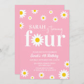 レトロデイジーピンクと白4歳の誕生日 招待状 (正面/裏面)