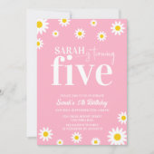 レトロデイジーピンクアンドホワミニマルイト5誕生日 招待状 (正面)