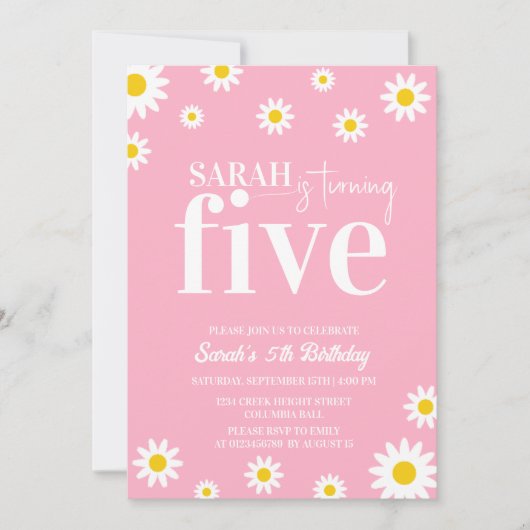 レトロデイジーピンクアンドホワミニマルイト5誕生日 招待状 (正面)