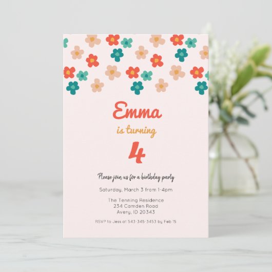 レトロデイジーピンクガールズバースデーパーティー招待状 招待状 (スタンド正面)
