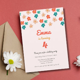 レトロデイジーピンクガールズバースデーパーティー招待状 招待状