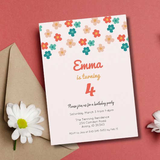 レトロデイジーピンクガールズバースデーパーティー招待状 招待状