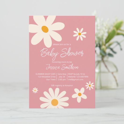レトロデイジーピンクボホ砂漠の赤ちゃんシャワー 招待状 (スタンド正面)