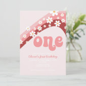 レトロデイジーピンクレインボー最初の誕生日招待状 招待状 (スタンド正面)