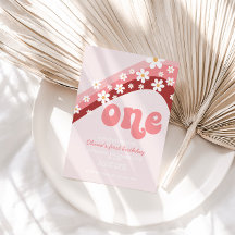 レトロデイジーピンクレインボー最初の誕生日招待状