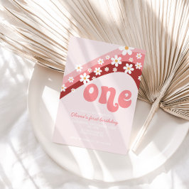 レトロデイジーピンクレインボー最初の誕生日招待状 招待状