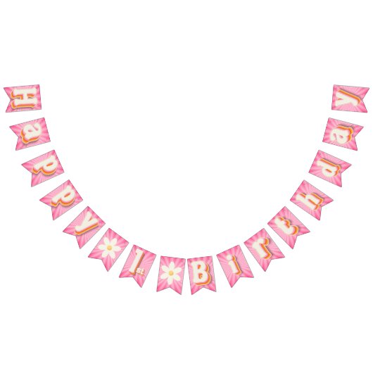 レトロデイジーピンク日が差すことハッピー1stバースデーバーン バンティングフラッグ (全)