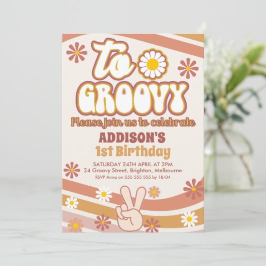 レトロデイジーピースサイン2グルーヴィー2番目の誕生日 招待状 (スタンド正面)