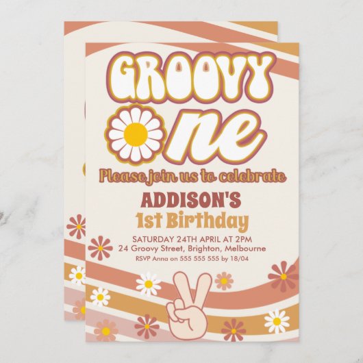 レトロデイジーピースサインGroovy One 1歳の誕生日 招待状 (正面/裏面)