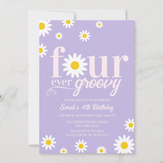 レトロデイジーフォーエバーグルーヴィーパープル4th誕生日 招待状 (正面)