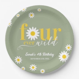 レトロデイジーフォーエバーワイルドセージ緑4歳の誕生日 ペーパープレート