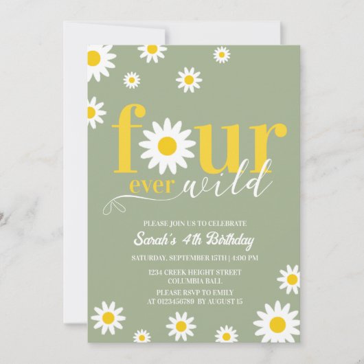 レトロデイジーフォーエバーワイルドセージ緑4歳の誕生日 招待状 (正面)