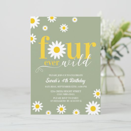 レトロデイジーフォーエバーワイルドセージ緑4歳の誕生日 招待状 (スタンド正面)