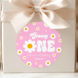 レトロデイジーフラワーグルーヴィワン1歳のパーティー ラウンドシール