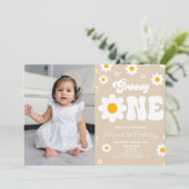 レトロデイジーフラワーグルーヴィワン1歳のパーティー 招待状 (スタンド正面)