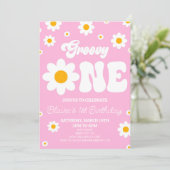 レトロデイジーフラワーグルーヴィワン1歳のパーティー 招待状 (スタンド正面)