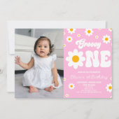 レトロデイジーフラワーグルーヴィワン1歳のパーティー 招待状 (正面)