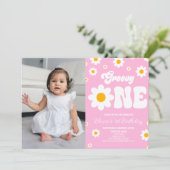 レトロデイジーフラワーグルーヴィワン1歳のパーティー 招待状 (スタンド正面)